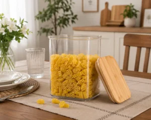 بانکه حبوبات لیمون روی میز ناهارخوری برای نگهداری برنج، حبوبات و خشکبار