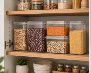 چیدمان بانکههای لیمون داخل کابینت آشپزخانه برای نگهداری انواع حبوبات و مواد غذایی خشک